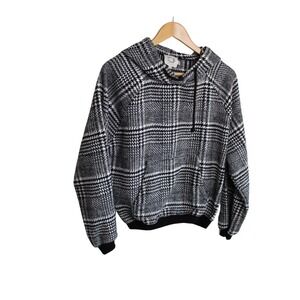 Plaid Hooded Pullover Sweatshirt - Black & White